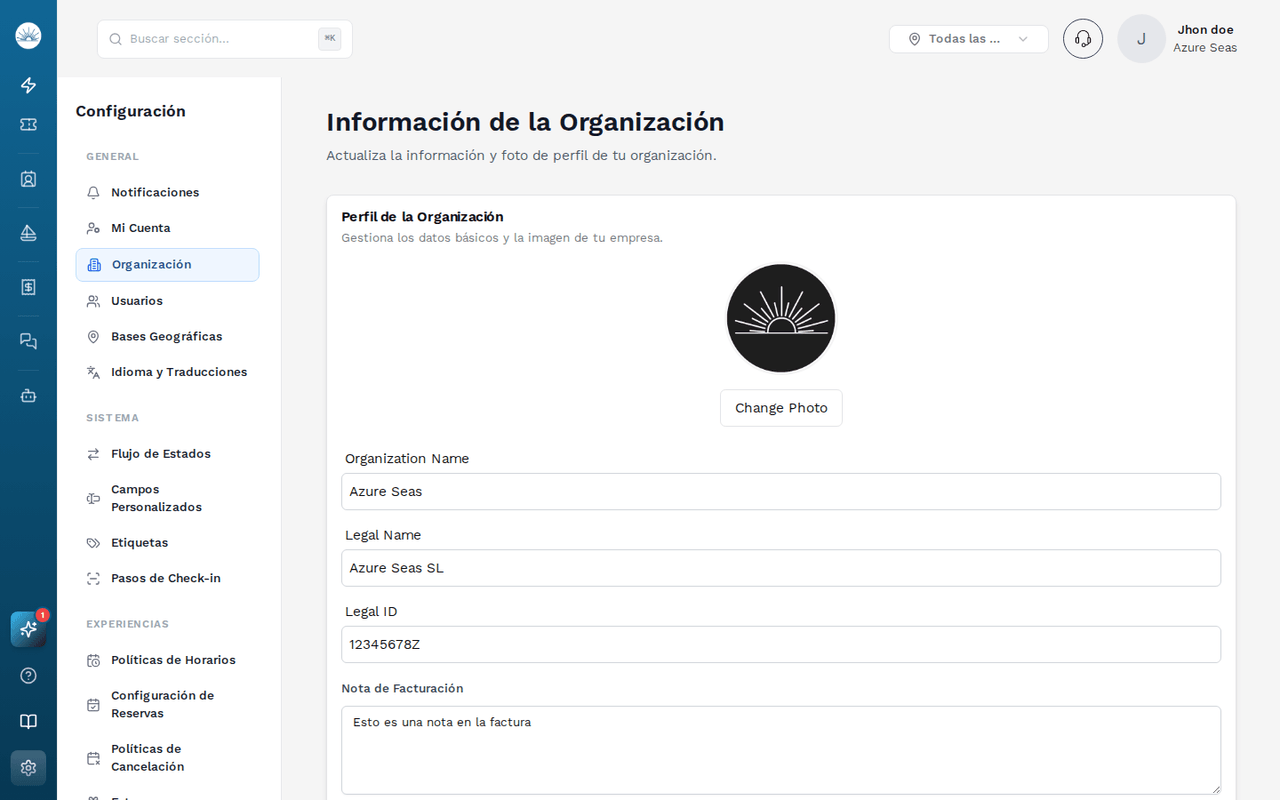 Configuración de la organización en SolNow
