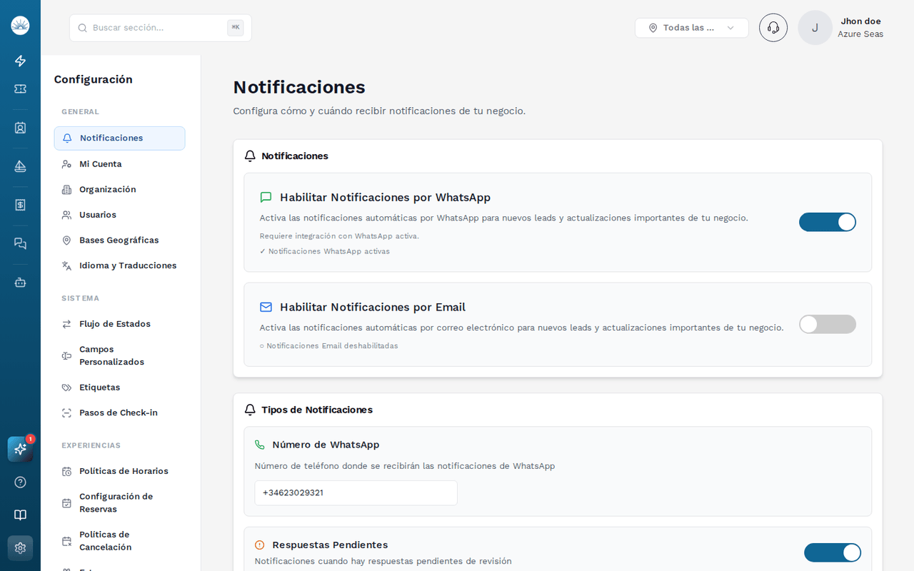 Menú de configuración de SolNow