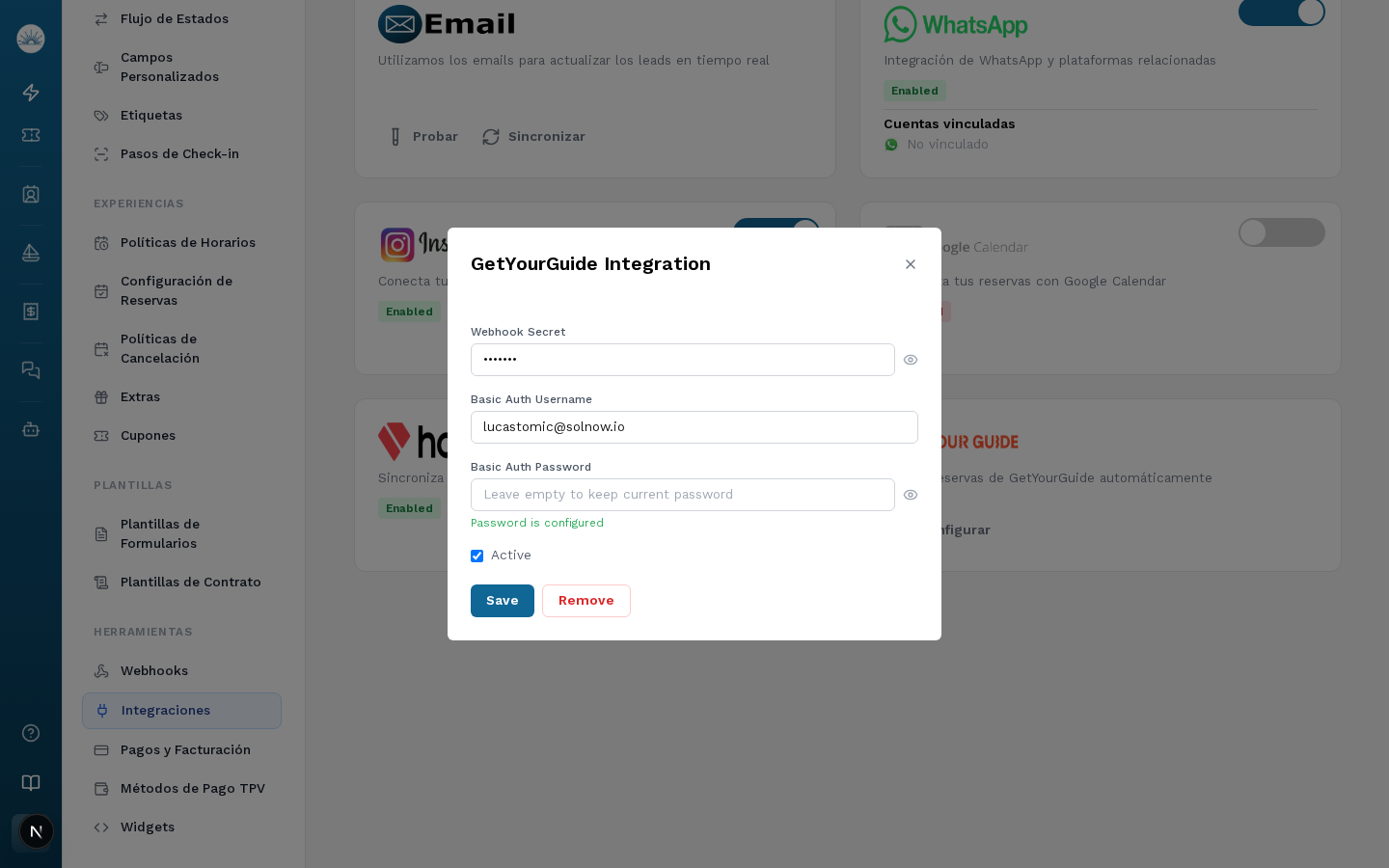 Diálogo de configuración de GetYourGuide