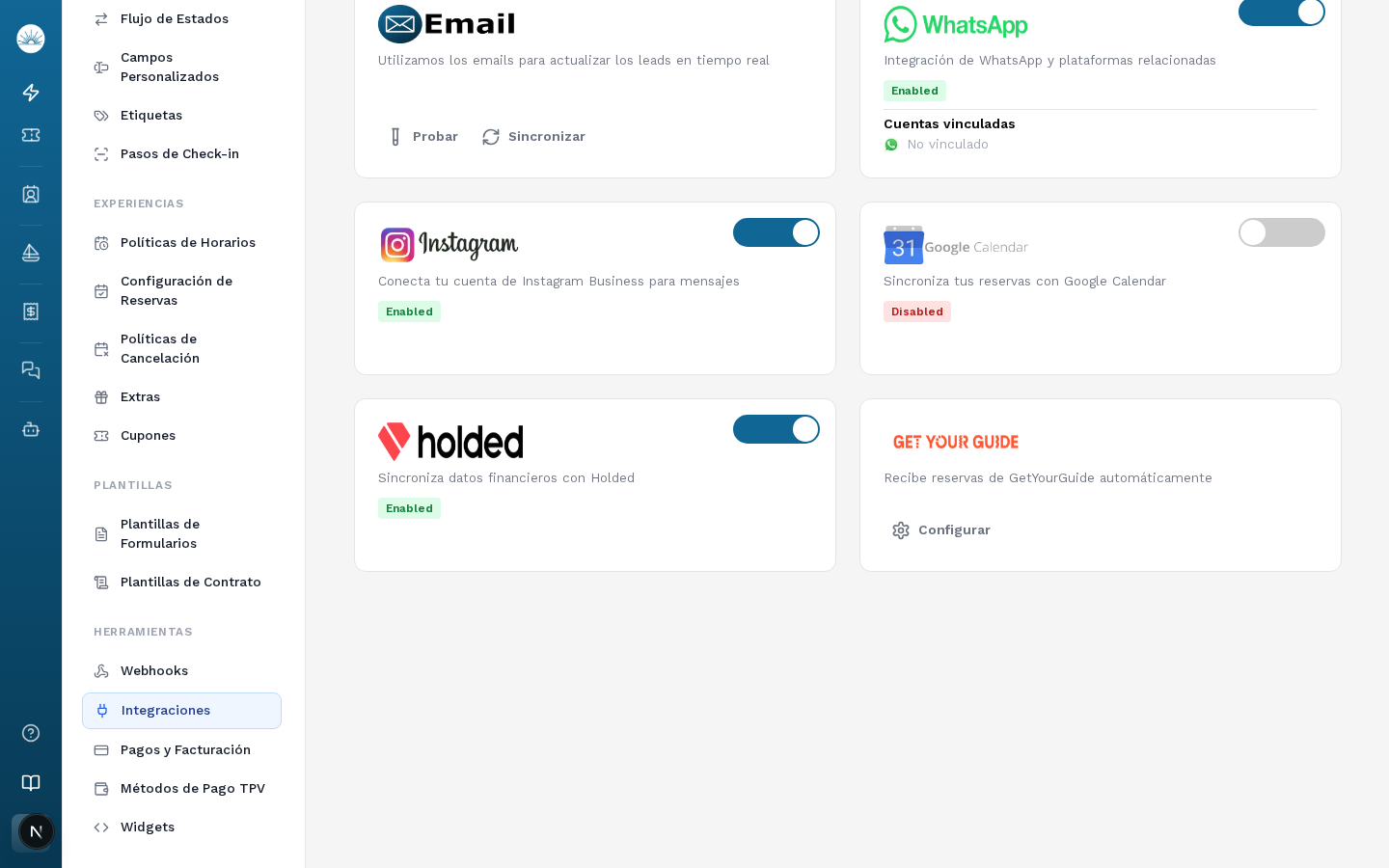 Tarjeta de GetYourGuide en la página de Integraciones