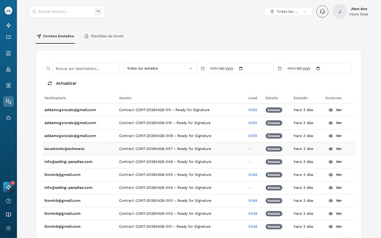 Historial de emails enviados en SolNow